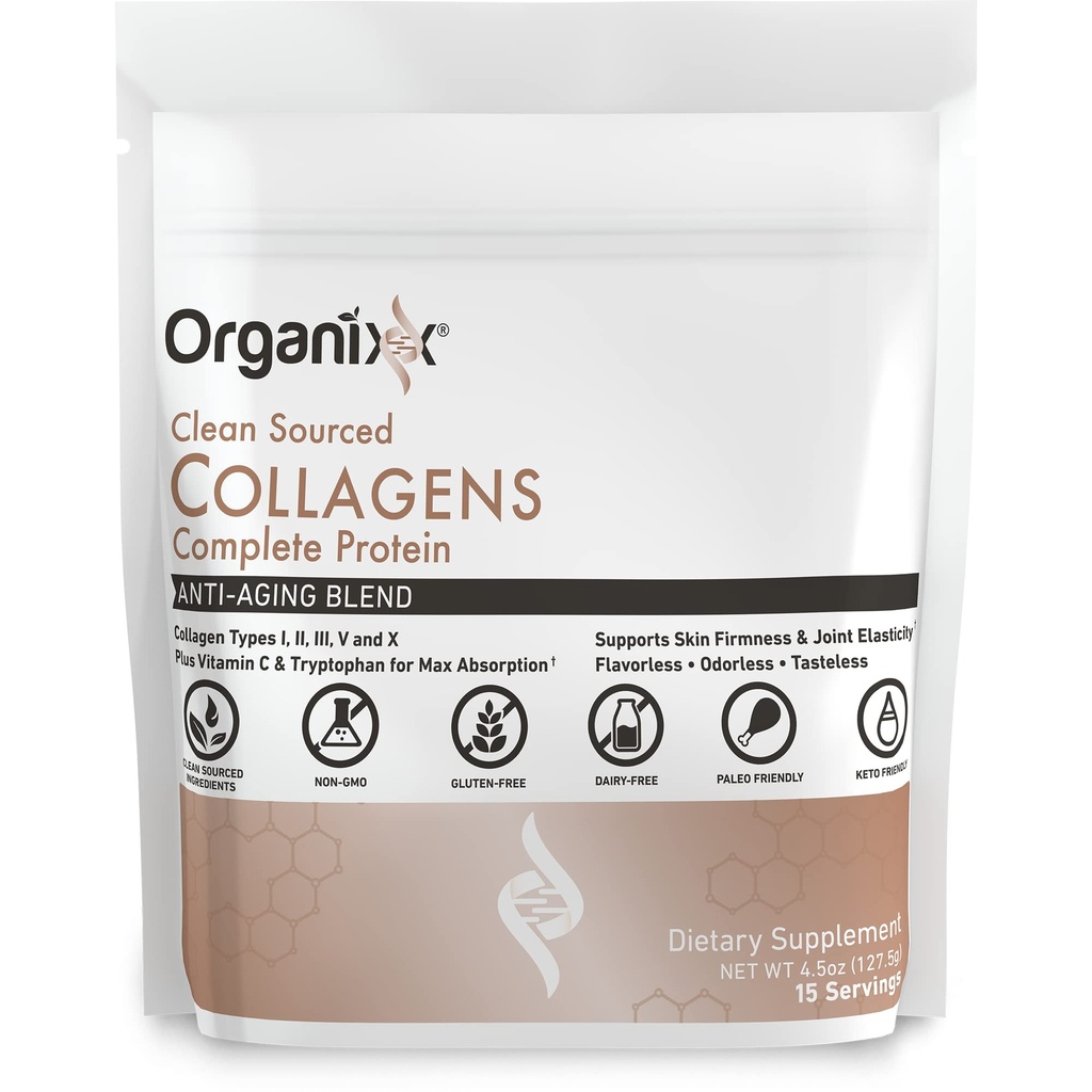 Organixx Collagen Peptides Toz C vitamini ile, Tip I, II, III, V, X Hydrolyzed Collagen, Hair, Nail, Skin, Bone & Joint Health, Aging Support, Clean Sourced, Gluten Free, Unflavored, 15 Hizmet