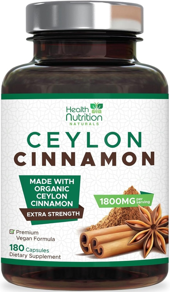 Ceylon Cinnamon Capses 1800mg - Certified Organic Ceylon Cinnamon Powder Supplement, Εμφιαλωμένο στις ΗΠΑ, Extra Strength Energy & Heart Support Pills, Non-GMO & Gluten Free, Sugar Free - 180 Caps