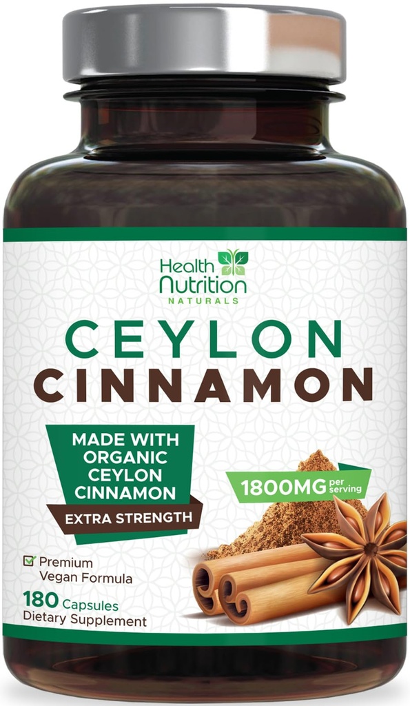Ceylon Cinnamon Capsules 1800 mg - Sertifikalı Organik Ceylon Cinnamon Toz Supplement, ABD'de Şişelenmiş Ekstra Güç Enerji ve Kalp Desteği Pilleri, Non-GMO & Gluten Free, Sugar Free - 180 Capsules