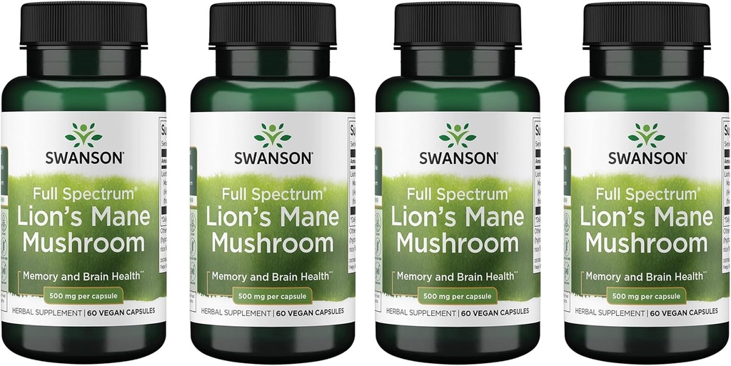 Swanson Full Spectrum Lion's Mane Mushroom - Brain Health Supplement to Support Memory, Focus & Clarity* - Ayrıca Yardım Immune, Heart & Digestive Health - Gluten-Free & Non-GMO - 60 Capsules (4 Pack)
