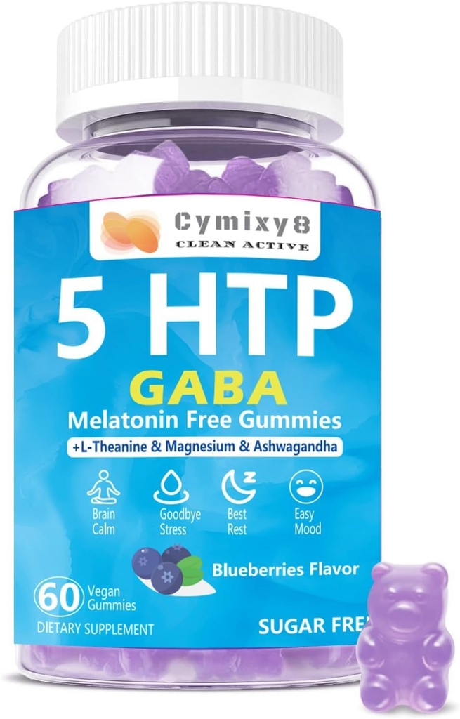 5-HTP GABA Gummies Blend 1700mg, Sugar-free Calm Gummies με L Theanine, Μαγνήσιο, Ashwagandha, Omega-3-6-9, Βιταμίνη D3,B6 για Natural Zzzs, Mood, Brain-Calm, Blueberry Flavor 60Count