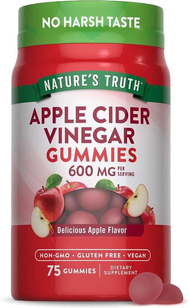 Nature's Truth Apple Cider Vinegar Gummies | 600 mg | 75 Gummies | Apple Flavor | Vegan, Non-GMO, Gluten Free Supplement Supplement