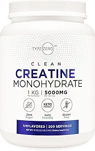Type Zero Creatine Monohydrate (Unflavored) 1 KG, 5000mg (5g) Per Serving, Micronized, Zero Sugar, Keto Friendly & Gluten Free, 200 Servings