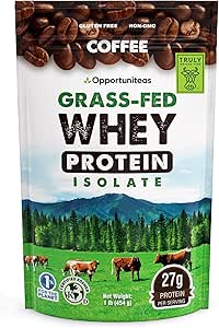 Opportuniteas Coffee Whey Protein Powder - Χαμηλό Carb & Keto Friendly - Grass Fed Whey Isolate + Κολομβιανός καφές - 60 mg καφεΐνη για την ενέργεια - Pre ή μετά την προπόνηση ποτό Mix, Latte, Shake & Smoothie 1lb