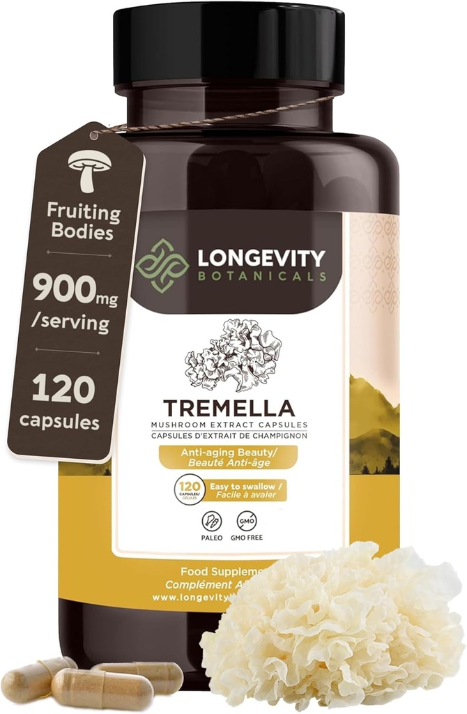 Organik Tremella Mushroom Capsules Supplement (120) | Meyve Vücut 10:1 Yüksek Güçlü Kar Fungusi | 10%-D Glucans | 9,000 mg Raw Equivalent Per | Skin Hydration & Brain Support