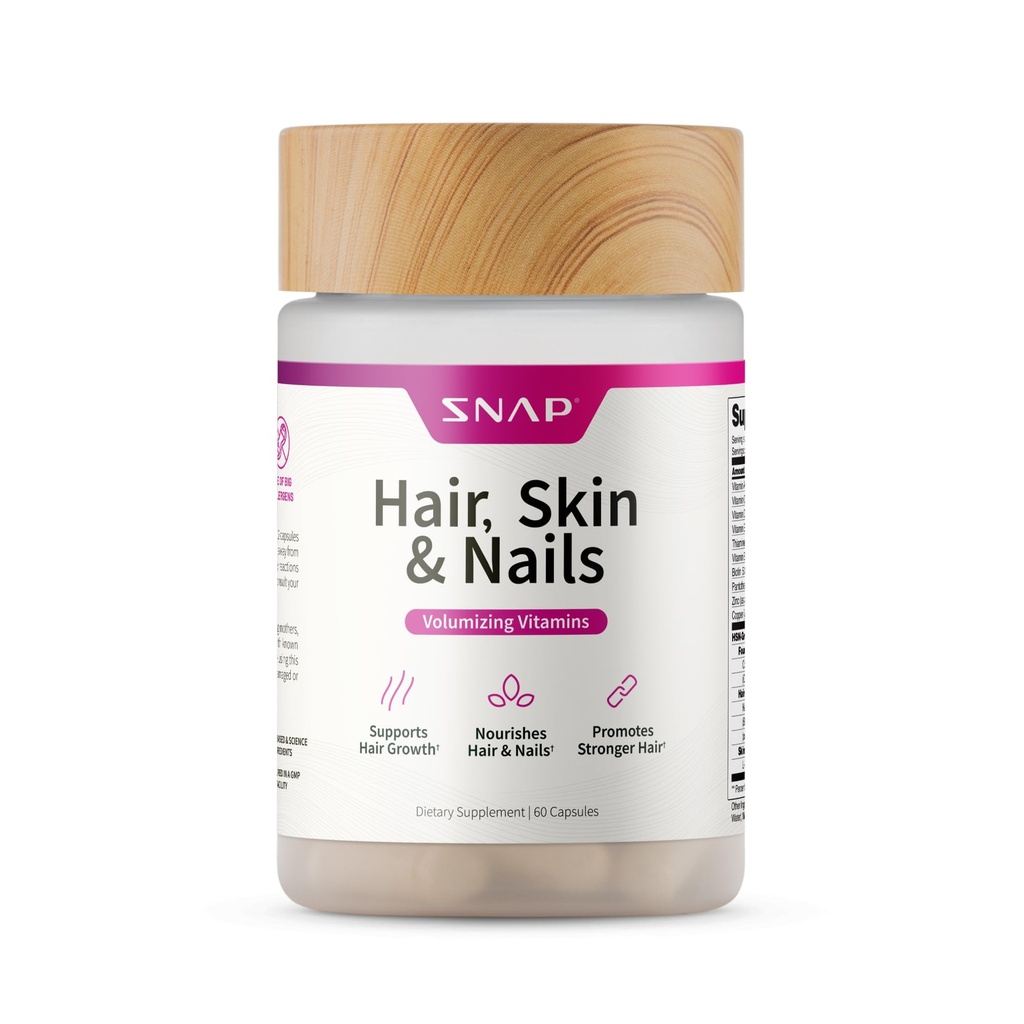 Snap Supplements Hair, Skin and Nails Vitamins, Support Hair Growth, Nourish Skin and Nails with Biotin, Collagen, Kelp, Bamboo and Other Vitamins, Radiant Skin, Strong Hair and Nails, 60 Capsules