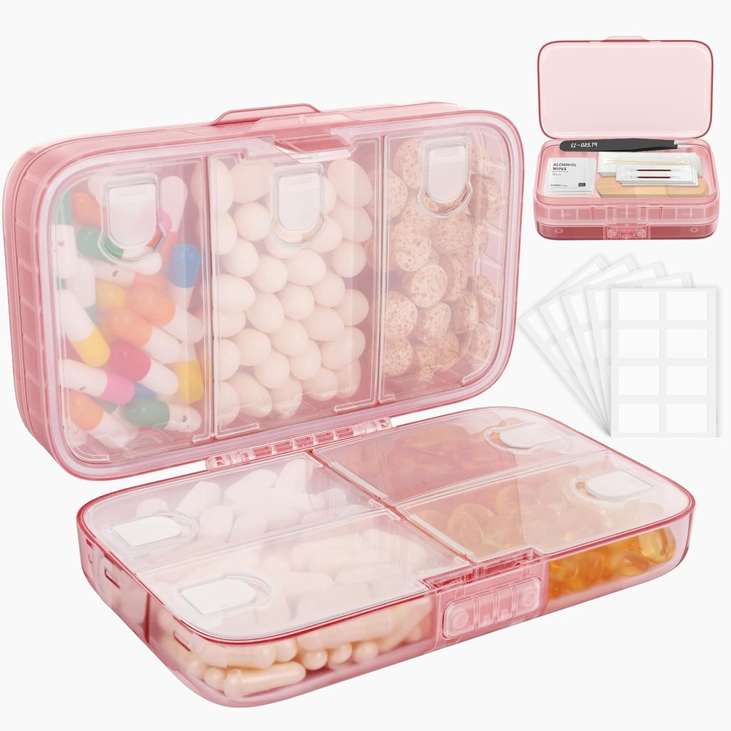 FYY Weekly Pill Organizer with Etiketler,8 Karşılaştırmalar Seyahat Günlük Pill Case Airtight Moistureproof Büyük Pill Box to Hold Vitamins, Fish Oil, Supplements,Cotton Swab ve Bandages-Pink
