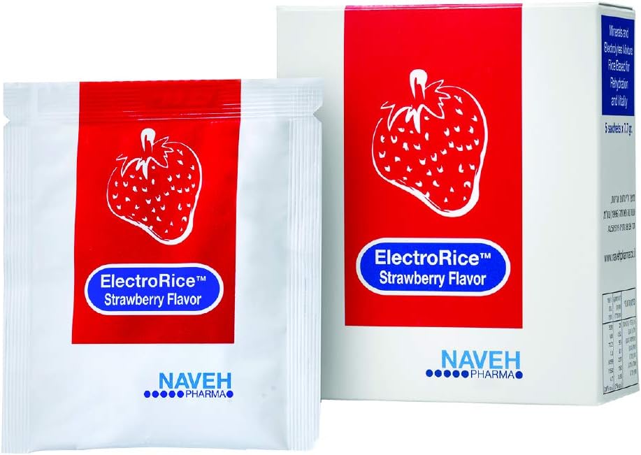 NAVEH PHARMA ElectroRice Anti-Dehydration Electrolyte Supplement Use During Bouts of Diarrhea and Vomiting, Natural Rice-Based Oral Prevention of Dehydration Children and Adults, 5 Strawberry Flavored