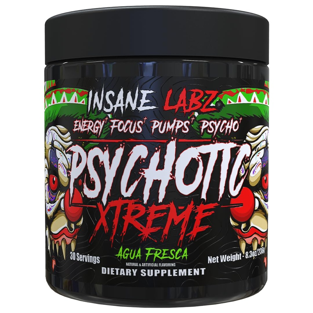 Insane Labz Psychotic Xtreme, High Stimulant Pre Workout Powder, Extreme Lasting Energy, Focus and Endurance with Beta Alanine, Panax Ginseng, Theobromine, DMAE (30 Servings, Agua Fresca)