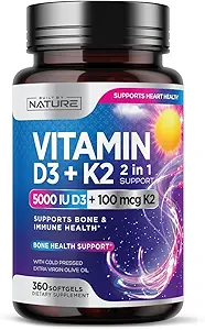 Nature Vitamin D3 K2 ile Cold Pressed Extra Virgin Zeytinyağı - 5000 IU Vitamin D, 100mcg K MK-7 Supplement - Easy to Swallow Mini Soft Gels - 1 Yıl Supply - 360 Softgels