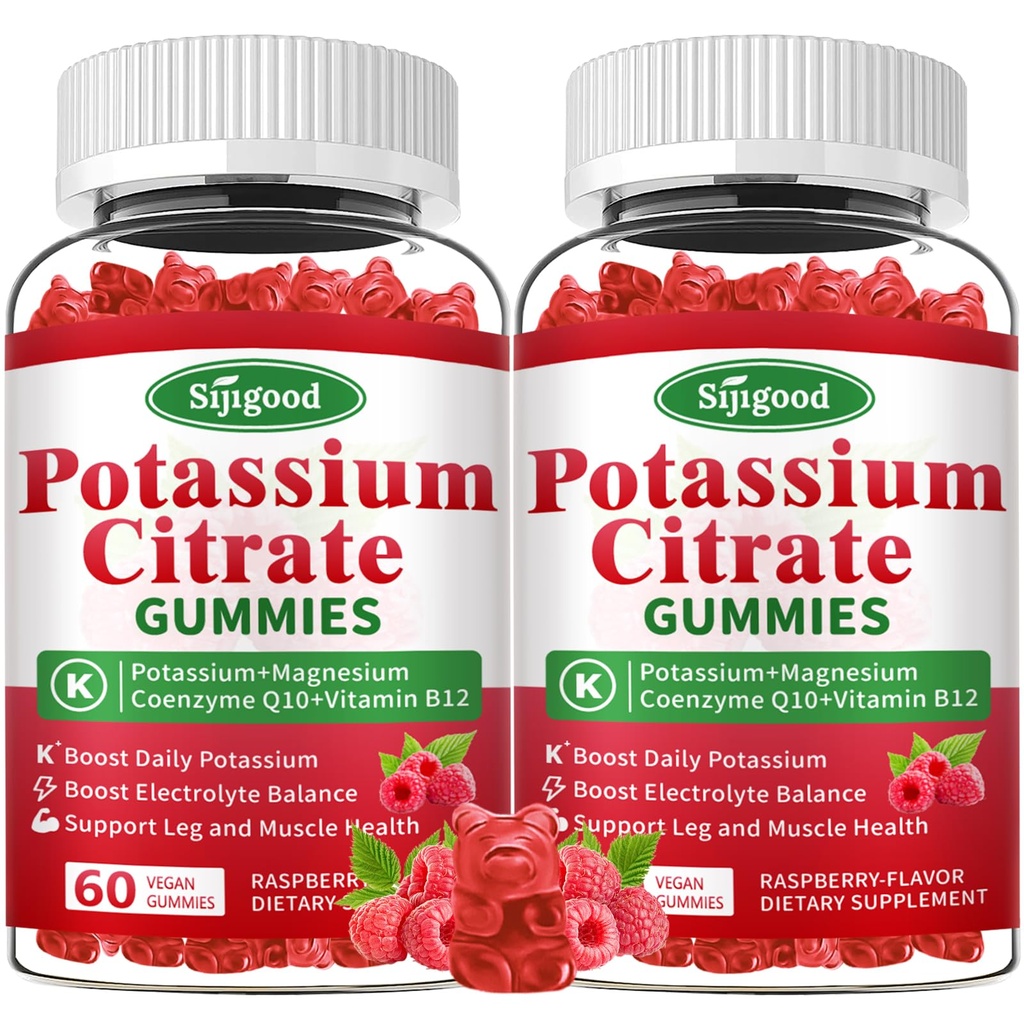 2 τεμ. Κιτρικό κάλιο Gummies – Συμπλήρωμα καλίου για την υγεία των μυών, ανάγλυφο ποδιού & ηλεκτρολυτικό ισοζύγιο, Vegan, μη GMO, χωρίς γλουτένη, άρωμα σμέουρων, 120 κόμης