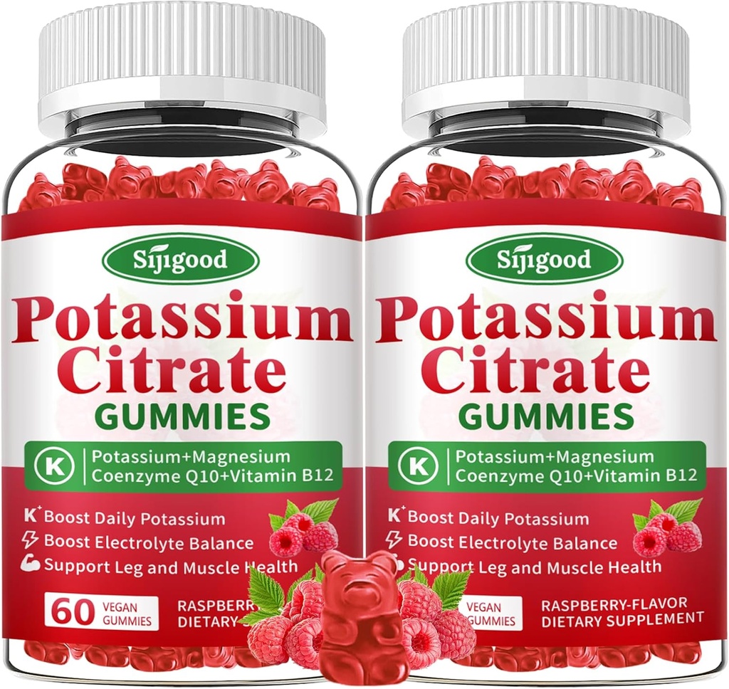 2 τεμ. Κιτρικό κάλιο Gummies – Συμπλήρωμα καλίου για την υγεία των μυών, ανάγλυφο ποδιού & ηλεκτρολυτικό ισοζύγιο, Vegan, μη GMO, χωρίς γλουτένη, άρωμα σμέουρων, 120 κόμης