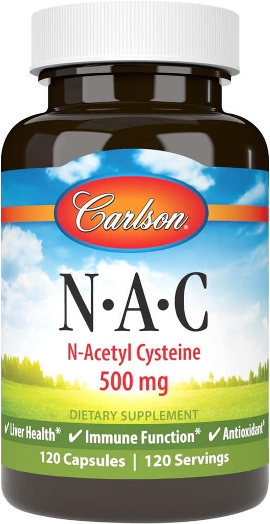 Carlson - NAC, N-Acetyl Cysteine, 500 mg, Liver Health, Immune Function, Antioksi, 120 Vegetarian Capsules