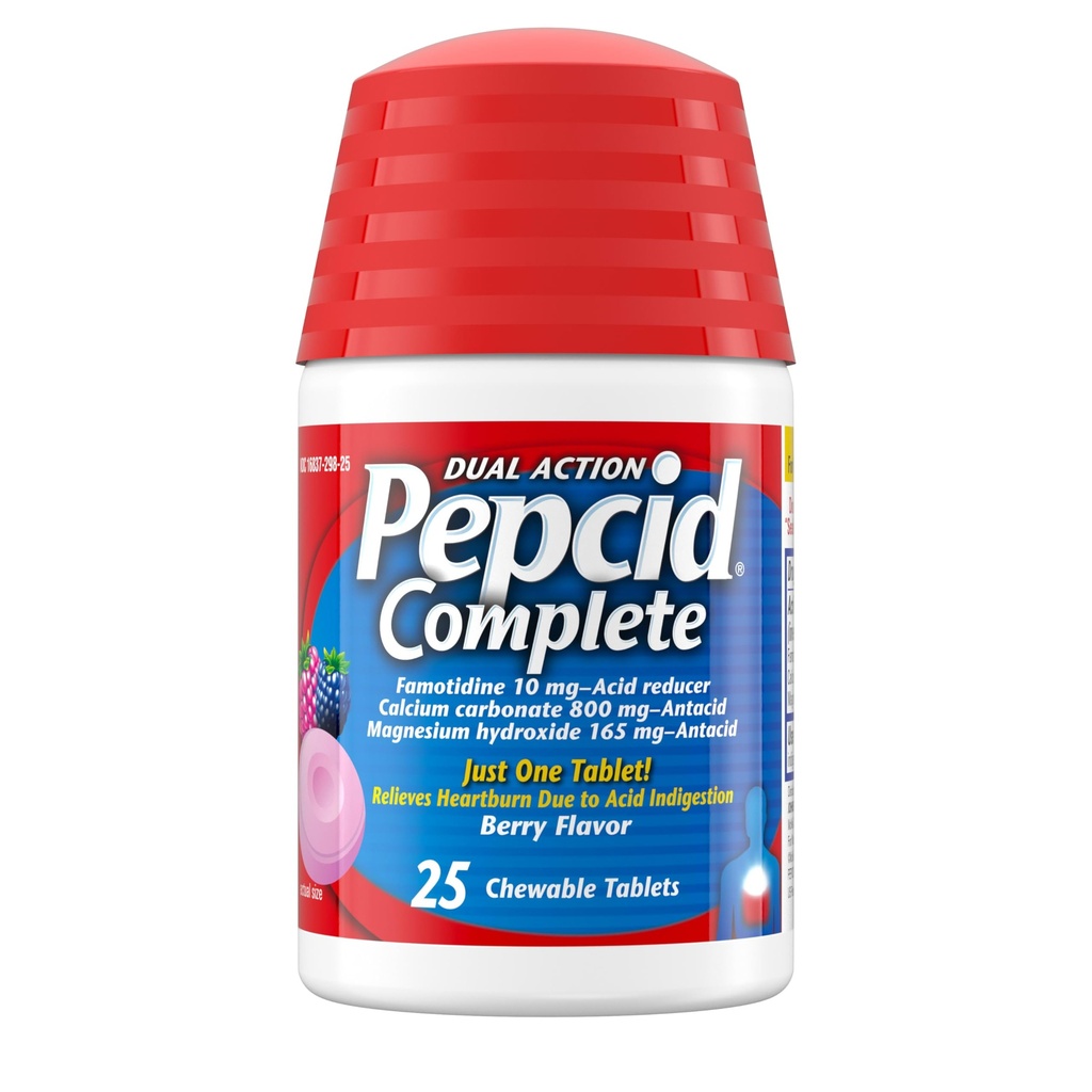 Pepcid Complete Acid Reducer + Antacid for Acid Reflux, 10mg Famotidine, 800mg Ασβέστιο Ανθρακικό & 165mg Μαγνήσιο Υδροξείδιο ανά Heartburn Medicine Tablet, Αντιόξινο Μασίφ, Berry, 25 ct
