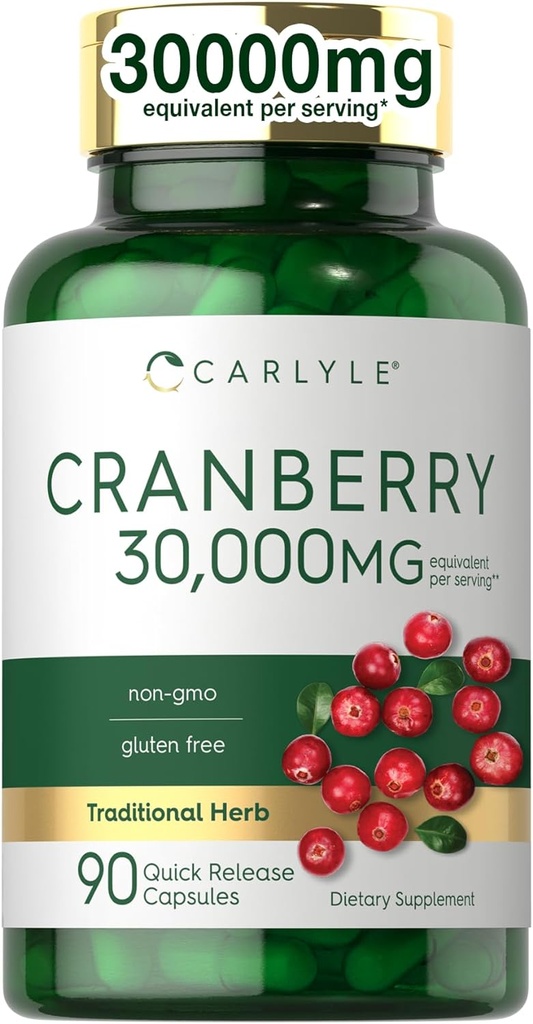 Carlyle Cranberry Supplement | 30.000 mg | 90 Capsules | Non-GMO ve Gluten Free Formula | Cranberry Pills from Temp Extract
