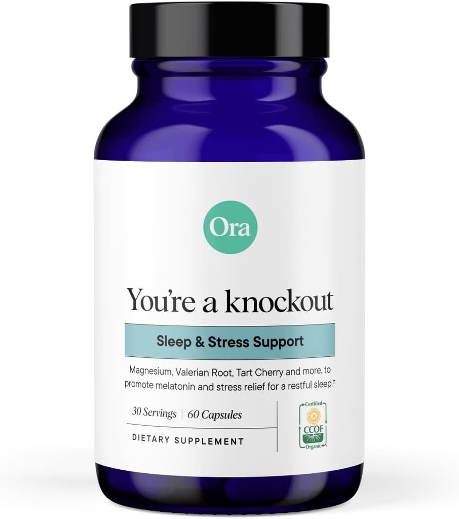 Ora Organic Natural Sleep Aid Supplement Stress Support Calming Herbal Mix with Melatonin from Tart Cherry - Magnezyum Citrate, Valerian Root ve Lemon Balm - 1 Ay Supply, 60 Capsules