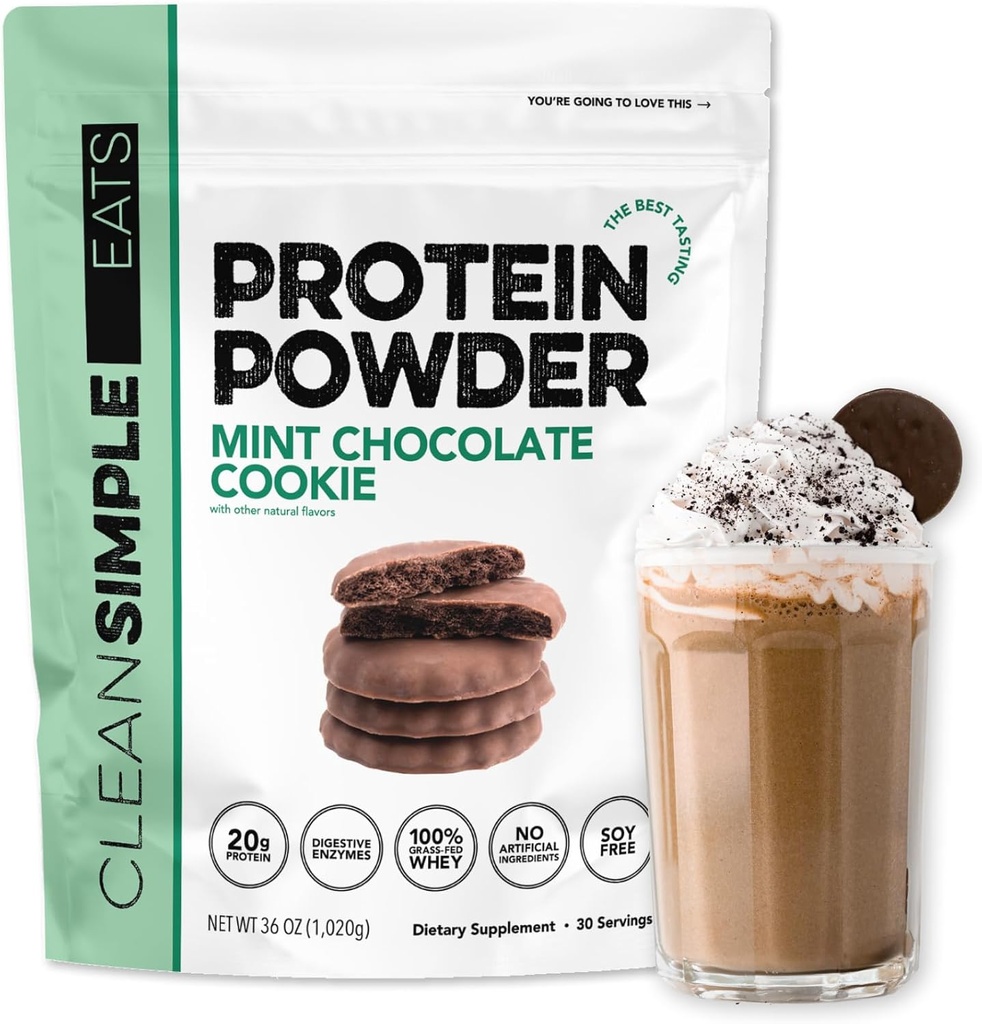 Temiz Basit Yemekler Whey Protein Tozu, Mint Chocolate Cookie Flavor, Doğal olarak Tatlıladı,% 100 Grass Fed Protein Tozu Digestive Enzymes, No Yapay Malzemeler, Gluten Free, 30 Srvgs