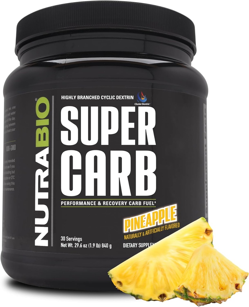 NutraBio Super Carb, Carbohydrate Powder with Cluster Dextrin & Electrolytes, Advanced Carb Supplement Powder for Workout Fuel, Performance, and Mus Recovery, Κυκλικό Dextrin, Pineapple, 30 Sv