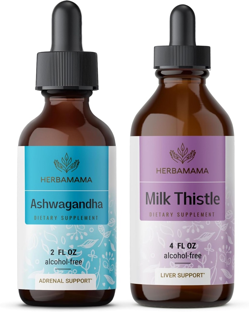 HERBAMA Herbal Liquid Drops Kit - Bundle of Ashwagandha Root Tincture 2 fl oz & Milk Thistle Extract 4 fl oz - Vegan, Non-GMO, Ζάχαρη & Αλκοόλ-Free - 2 Pack