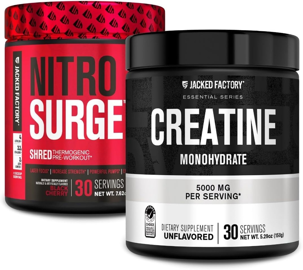 Jacked Factory NITROSURGE Shred Pre Workout Supplement (Black Cherry, 30 Servings) & Creatine Monohydrate Powder (Unflavored, 30 Servings)