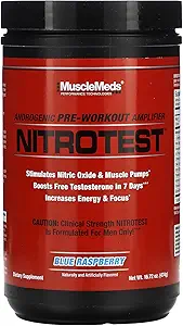 MuscleMeds Nitrotest Pre-Workout Supplement Drink, Boost Nitric Oxide, Testosterone, Blue Raspberry, 30 Serving, 1.04 Pound, 1 Count