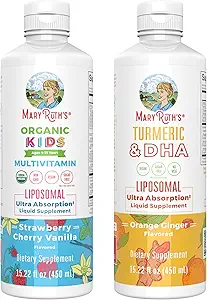 MaryRuth Organics Kids Multivitamin (Strawberry Cherry & Vanilla) & Turmeric & DHA Liposomal (Sweet Ginger) | Clean Label Projesi Gerçekleştirilmiş® | Ortak Sağlık ve Genel Sağlık için Vitaminler | Vegan