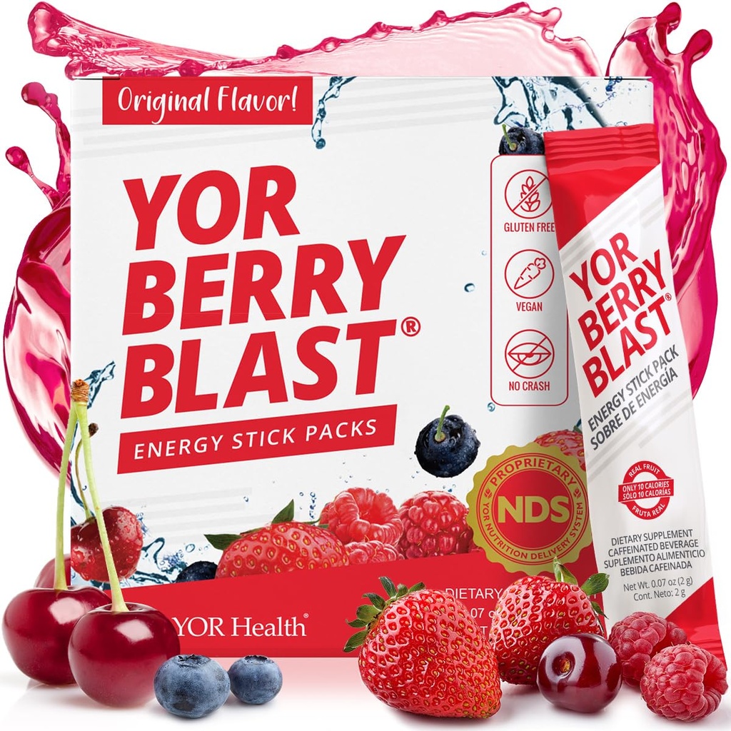 YOR Berry Blast 6-in-1 Energy Booster, Caffeine, No Crash, Natural, 19 Fruits & Berries, Focus, Exercise & Recovery, Heart Health & Circulation, High Antioxidants, Drink Powder, Stick Packs