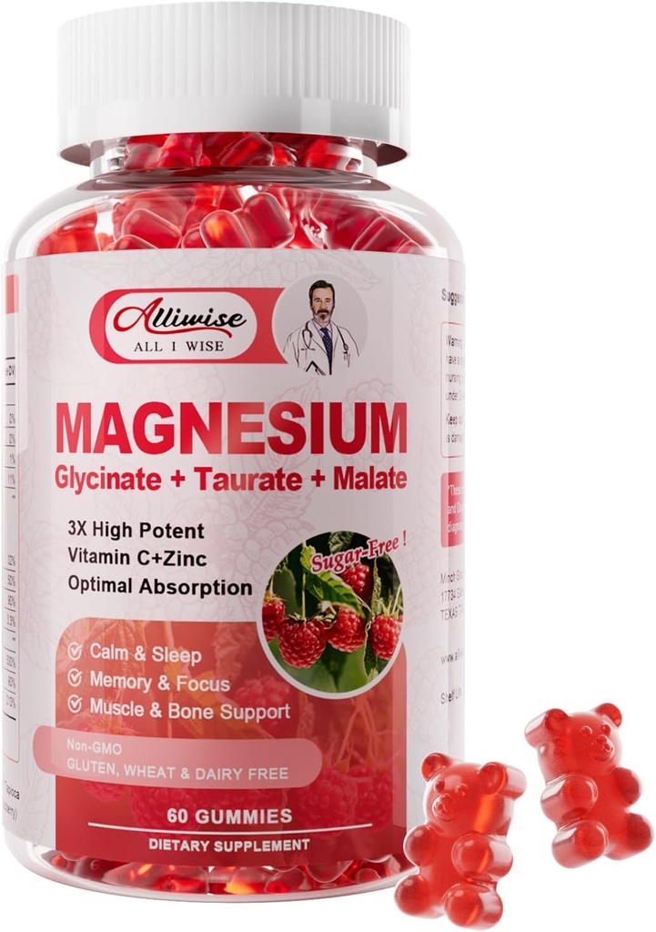 Magnezyum Glycinate Gummies,Magnesium P Properties Supplement with Taurate, Malate, Vitaminler D, C, B6, Kalsiyum,Body Support, Raspberry Magnezyum Gummies for Yetişkinler&Kids