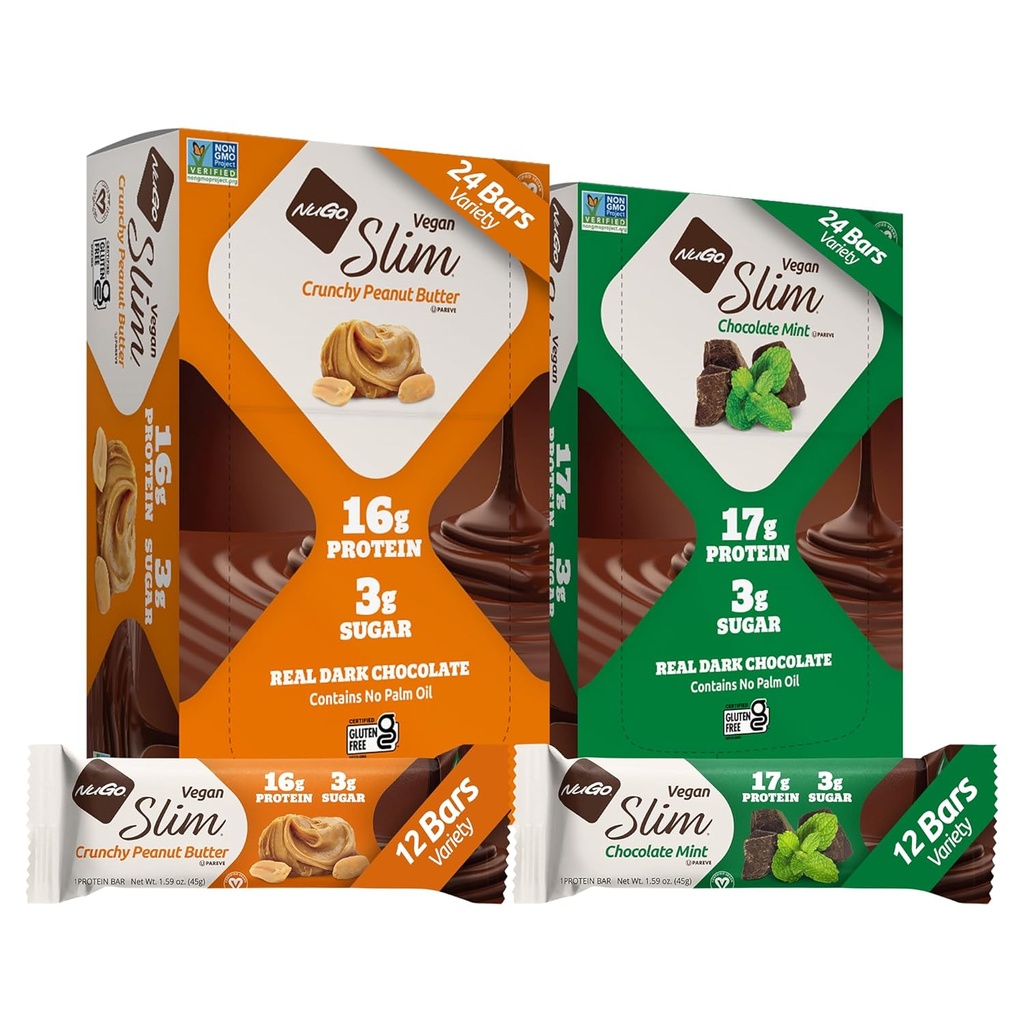 NuGo Slim Vegan Çeşitli - Crunchy Peanut Butter 12 bar & Chocolate Mint 12 bar, Low Net Carb, Keto Friendly, 16-17g Plant Based Protein, Gluten Free, 24 sayı