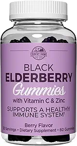 Χώρα Αγροκτήματα Γέροντα μούρα Gummies με βιταμίνη C και ψευδάργυρο, Υποστηρίζει υγιές ανοσοποιητικό σύστημα, πλούσια σε αντιοξειδωτικά, τριπλή δράση ανοσοποιητικό μείγμα, Berry Γεύση, 60 Gummies, 30 εξυπηρετούν