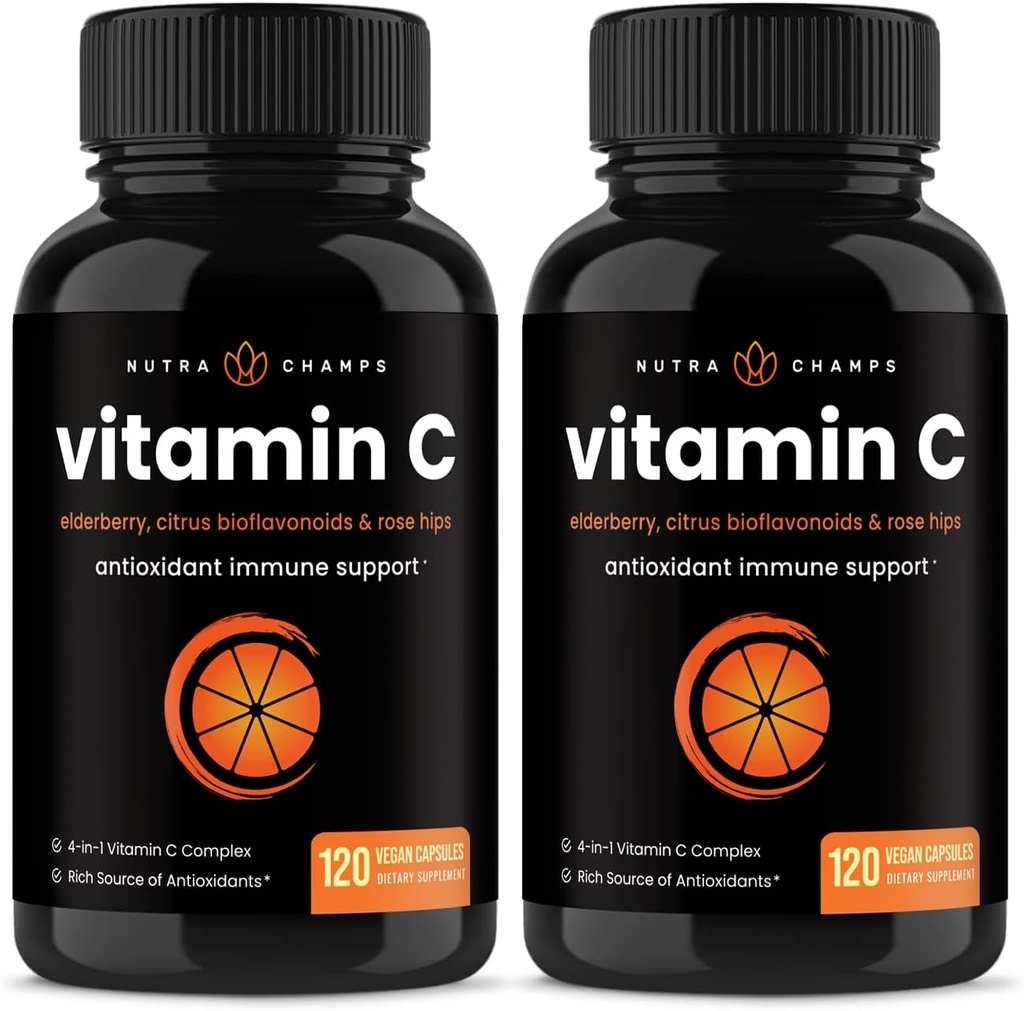 NutraChamps (2 Pack) Βιταμίνη C 1000mg με Elderberry, Citrus Bioflavonoids & Rose HIPS - 120 Κάψουλες Vegan, Αντιοξειδωτικό μη ΓΤΟ συμπλήρωμα για την ανοσοποιητική υγεία & κολλαγόνο 500mg χάπια σκόνης