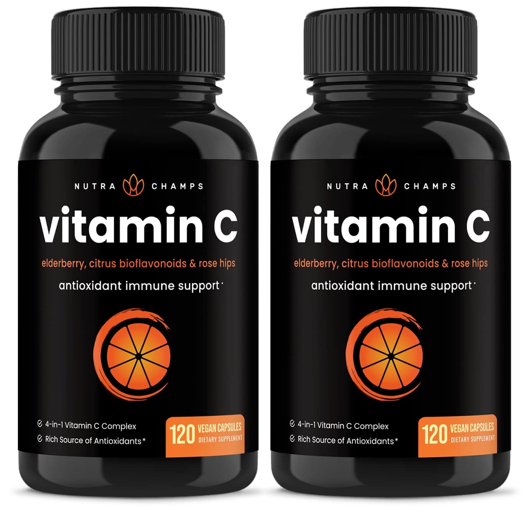 NutraChamps (2 Pack) C 1000 mg with Elderberry, Citrus Bioflavonoids & Rose HIPS - 120 Capsules Vegan, Immune Health & Collagen Production 500mg Toz Pills