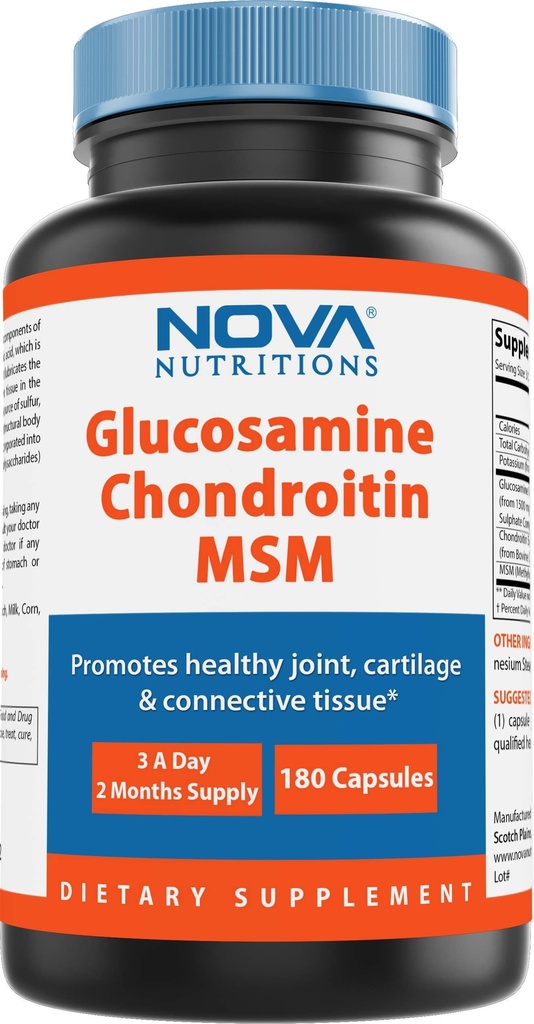 Nova Nutritions Triple Strength Glucosamine Chondroitin MSM 2600 mg/Serving Capsules, Supports Health Joint, Cartilage and Connective Tcon - Ortak Konfor ve Flexability 180 Counts