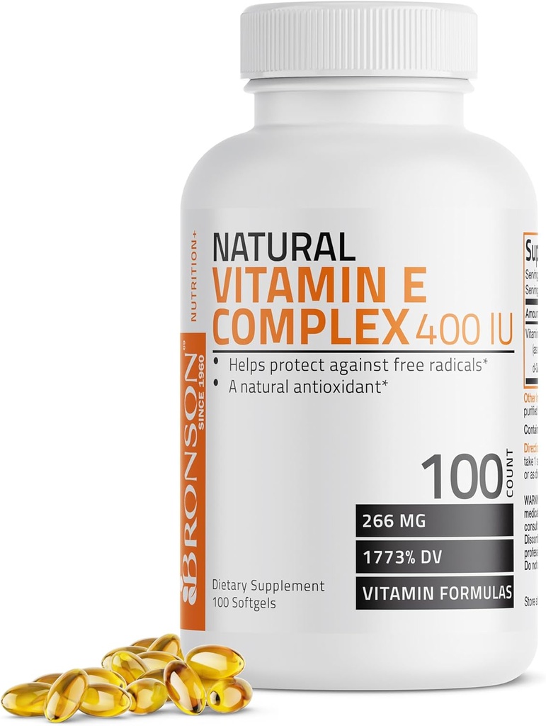 Bronson Natural Vitamin E Kompleks 400 I.U. Supplement (d-Alpha Tocopherol Plus d-Beta, d-Gamma, & d-Delta Tocopherols), Doğal Antioksi, 100 Softgels