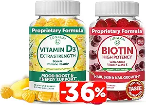 Lunakai Βιοτίνη και βιταμίνη D3 Gummies Bundle - Δέρμα μαλλιών και νύχια Growth Gummies με βιταμίνη C και Ε - Ασυλία, οστά και διάθεση συμπλήρωμα υποστήριξης - 30 ημέρες προσφοράς
