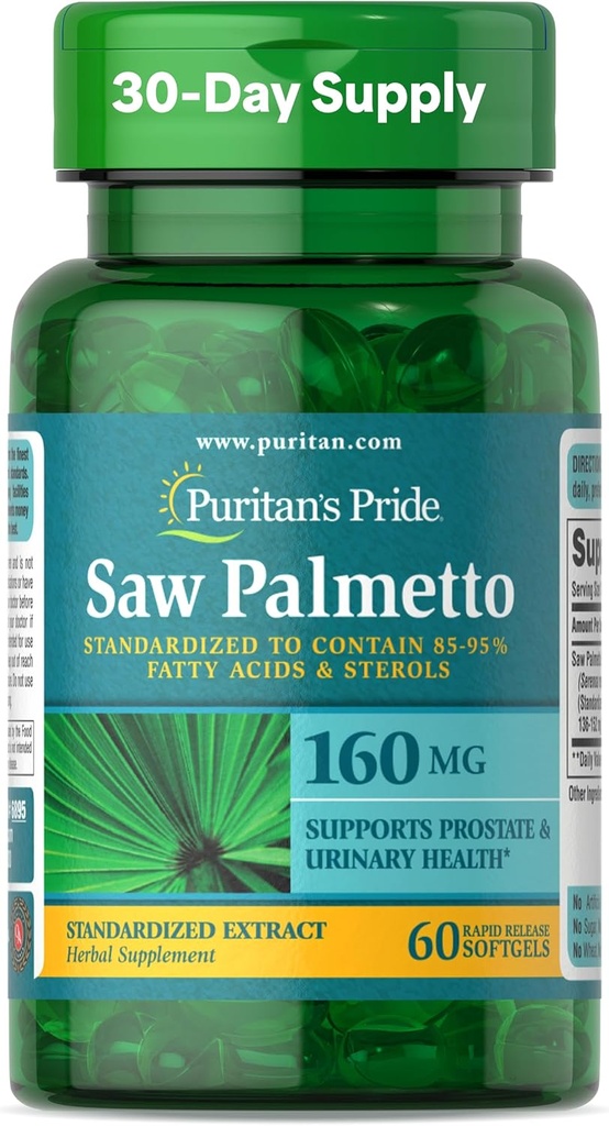Puritan's Pride Saw Palmetto Extract 160mg, Traditional Herbal Dietary Supplement For Mens Prostate and Urinary Health Support, 60 Rapid Release Capsules