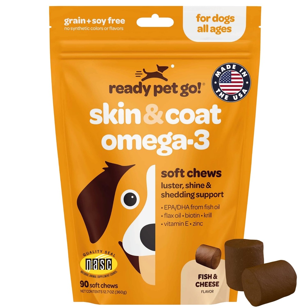 Köpekler için Skin ve Coat Supplement | Nourishing Omega 3 for Dogs with EPA DHA Krill Oil and Vitamin E | Dog Skin and Coat Supplement Supplement | 1 Chew up to 75lbs | NASC sertifikalı & Made in the USA | 90 Chews