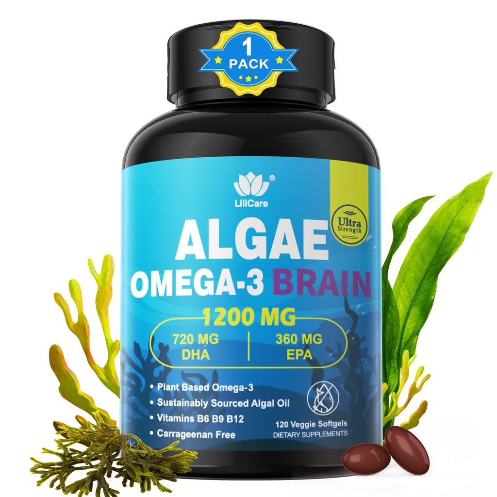 Omega 3 Fish Oil Softgels with DHA 720mg EPA 360 mg, Vegan Algae Science 2:1 Beyin Göz Için Oran, Bitki bazlı Sustainable Sourced Omega 3 Supplement, Fish Oil Alternative 1200 mg, No Fish Taste, 120Cts