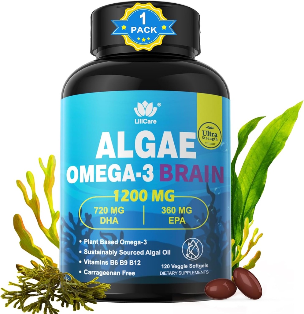 Omega 3 Fish Oil Softgels with DHA 720mg EPA 360 mg, Vegan Algae Science 2:1 Beyin Göz Için Oran, Bitki bazlı Sustainable Sourced Omega 3 Supplement, Fish Oil Alternative 1200 mg, No Fish Taste, 120Cts