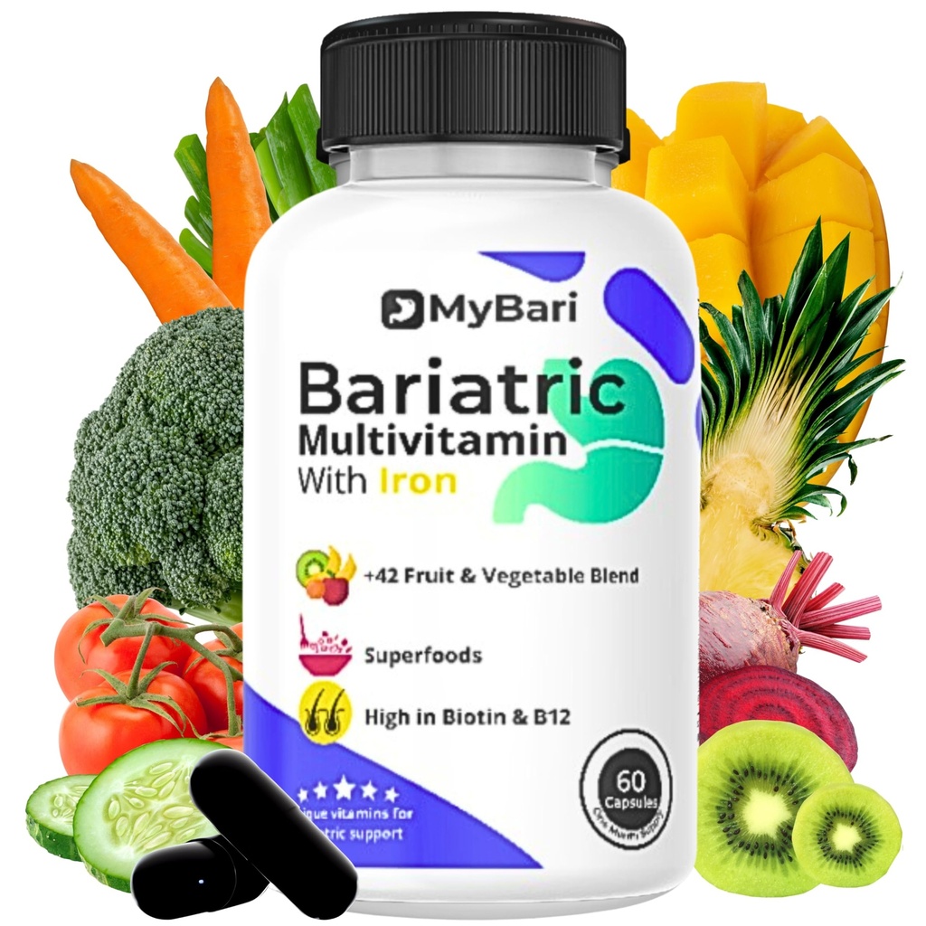 Demir ile All-in-One Bariatric Multivitamin - ABD'de - Erkekler ve Kadınlar için - Gaztrik Kol ve Bypass'ı 42+ Meyve & Veggie Mix ile Destekler - 60 Sıvı Capsules