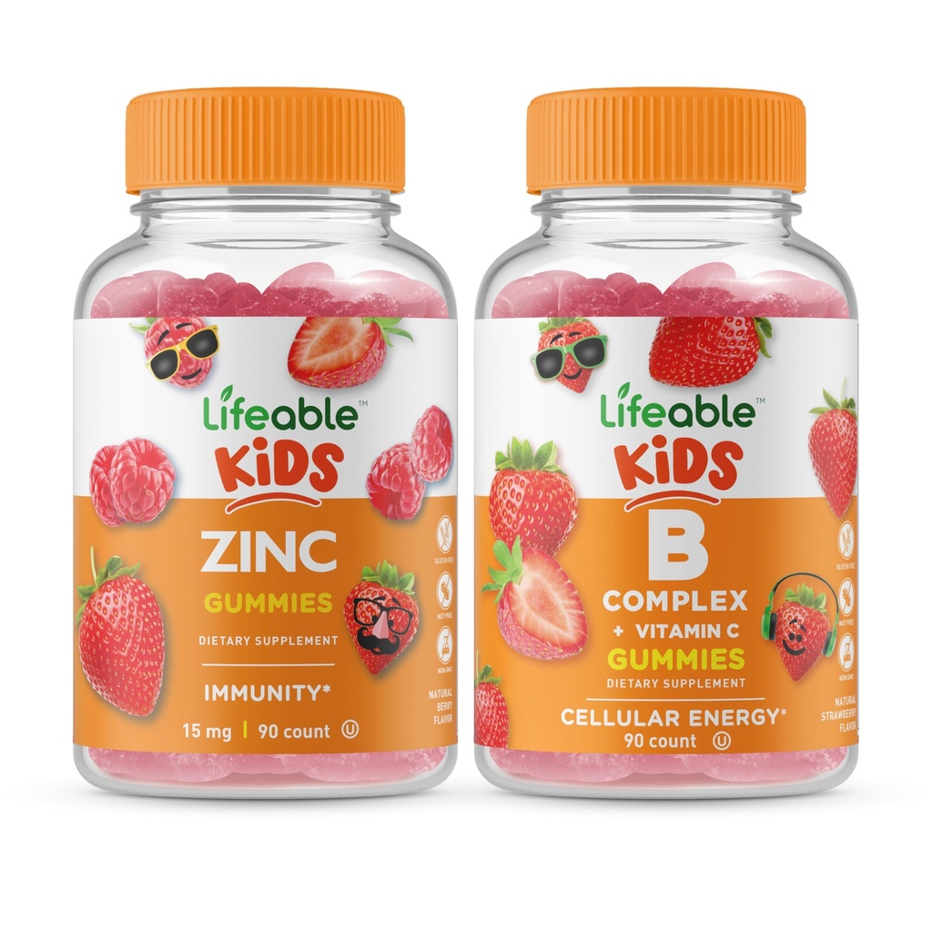 Ζωηρό Zinc Kids + B Complex Kids, Gummies Bundle - μεγάλη γεύση, συμπλήρωμα βιταμίνης, χωρίς γλουτένη, GMO δωρεάν, μασώμενη Gummy