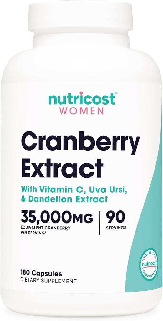 Nutricost Cranberry Extract for Women (35.000mg Ισοδύναμο),180 Κάψουλες - με Βιταμίνη C, Uva Ursi & Dandelion Root Extract - Μη ΓΤΟ & Συμπλήρωμα Χωρίς Γλουτένη