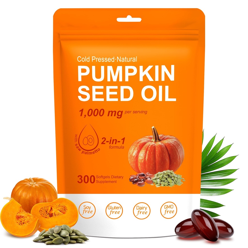 Cold Pressed Pumpkin Seed Oil & Saw Palmetto Softgels (1000mg) - 2-in-1 Formula for Hair Growth, Skin Health & Prostate Support - 300 Count, Non-GMO Natural Supplement