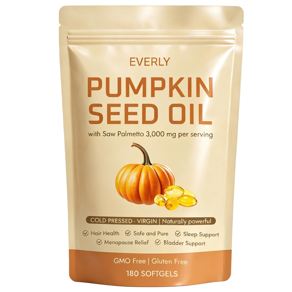 Everly Pumpkin Seed Oil with Saw Palmetto – Cold Pressed Virgin Pumpkin Seed Oil, Rich in Essential Fatty Acids & Naturally Occurring Phytosterols, Non-GMO – 180 Softgels (1)