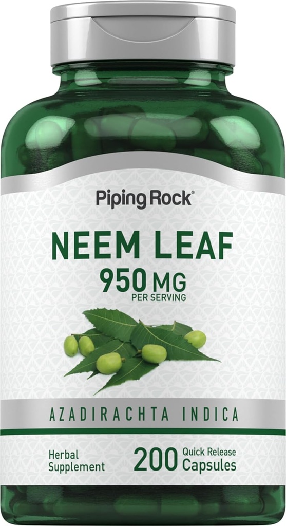 Piping Rock Neem Leaf Capsules | 950 mg | 200 Toz Pills | Herb Extract Supplement | Azadirachta Indica | Non-GMO, Gluten Free Free