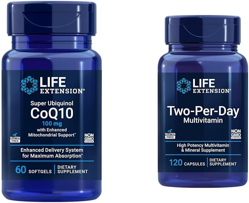 Επέκταση ζωής Super Ubiquinol CoQ10 60 softgels & 2 φορές την ημέρα Multivitamin 120 κάψουλες Bundle