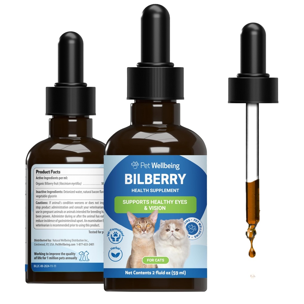 Pet Wellbeing Bilberry for Cats - Eye & Vision Support with Antioxidants, Capillary Health, Retinal Support - NASC Certified & Vet-Formulated - 2 oz Liquid