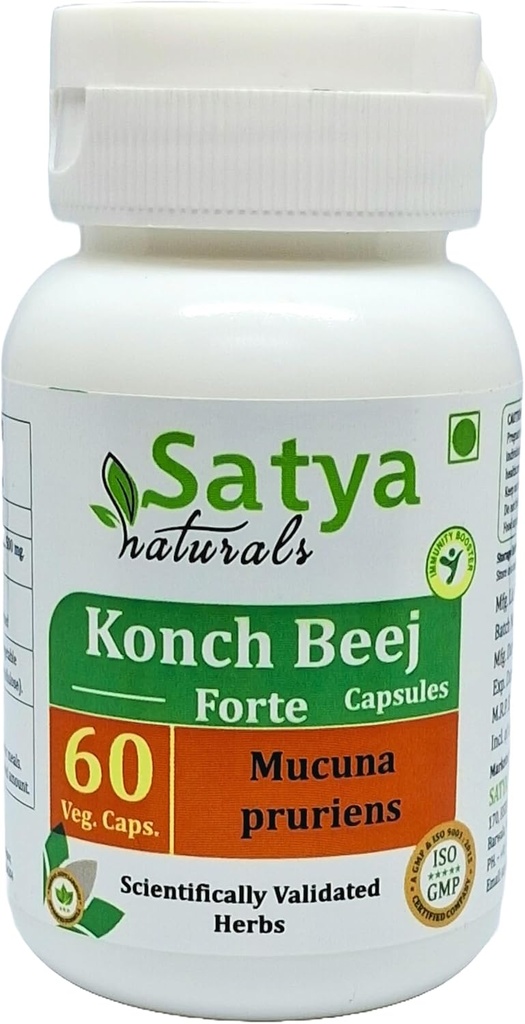 Konch Beej Forte Capsules 500 mg. 60 Veg. Capsule | Konch Beej (Mucuna Pruriens) Erkekler ve kadınlar için Kapsüller | Ayurvedic Herbal Supplement/R, 60 Capsules Şişe)