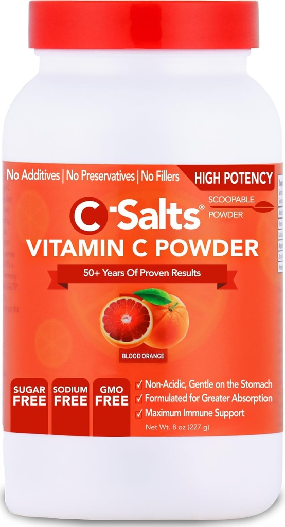 C-Salts Vitamin C Powder Supplement - 100% Αμιγής Υψηλής Δόσης Ρυθμιζόμενη Βιταμίνη C Κόνις για Ανοσολογική Υποστήριξη - Οργανική, Χωρίς Ζάχαρη, Vegan, Μη-GMO, Στομάχι-Φιλική, Πορτοκαλί Αίμα 8oz