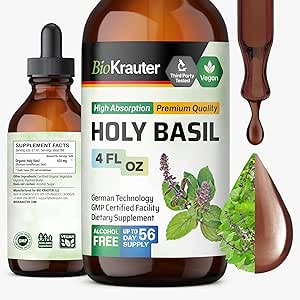 BIO KRAUTER Holy Basil Tincture - Tulsi Powder Liquid Extract - Supports Calmness and Relaxation - Ursolic Acid Supplement - Alcohol and Sugar Free - Vegan Drops 2 Fl.Oz.